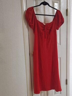 Monteau Los Angeles Scarlet Puff-Sleeve Midi Dress with Front Tie And Side Slit